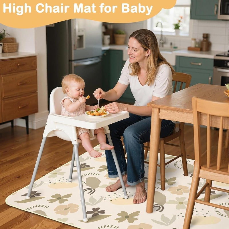BeBeJoJo Splat Mat for Under High Chair 42 x 42 Inch Waterproof Baby Splash Mat with Non Slip Bottom Reusable Portable Highchair Mat for Floor Food Catcher for High Chair, Coffee Flowers - Image 2
